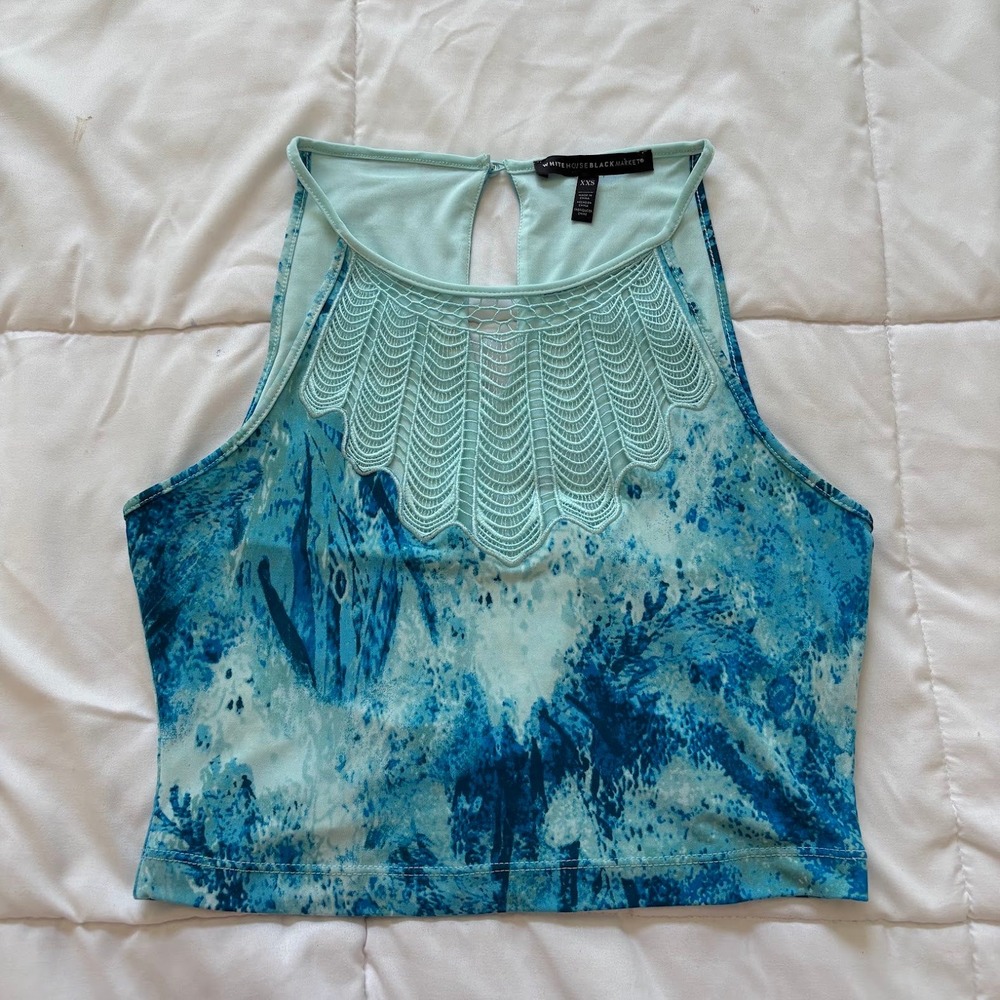 White House Black Market Blue Abstract Crochet Lace Neck Crop Top XXS Preppy